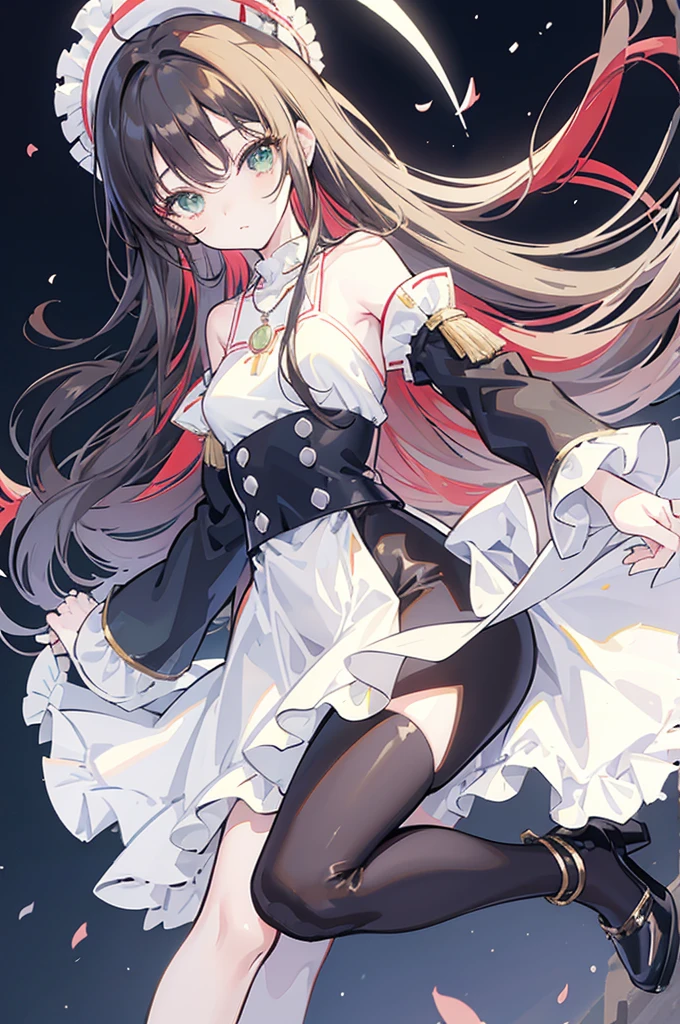 {{masterpiece}}, The best quality of life, 、Dark brown long hair、Anime Girls with brown long hair and white blouse and black pants, Cute girl anime visuals,(White blouse with flared sleeves、Black high waist skinny pants,Black pumps), Anime full body illustration, Anime Moe Art Style, Anime characters, (Anime Girls)、(Green Eyes）、Expressionless woman、Small Necklace