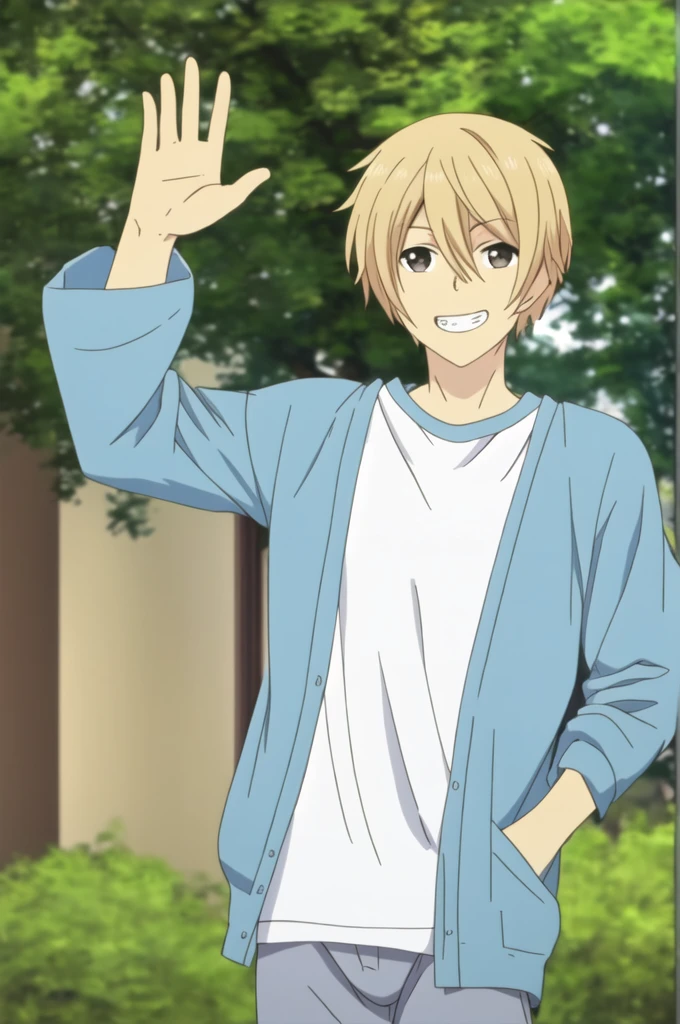 masterpiece, best quality, 1boy, upper body, looking at viewer, standing, blonde hair, excited, grin, casual, blue cardigan, white t-shirt, grey pants, hand in pocket, hand up, waving, park, tree,