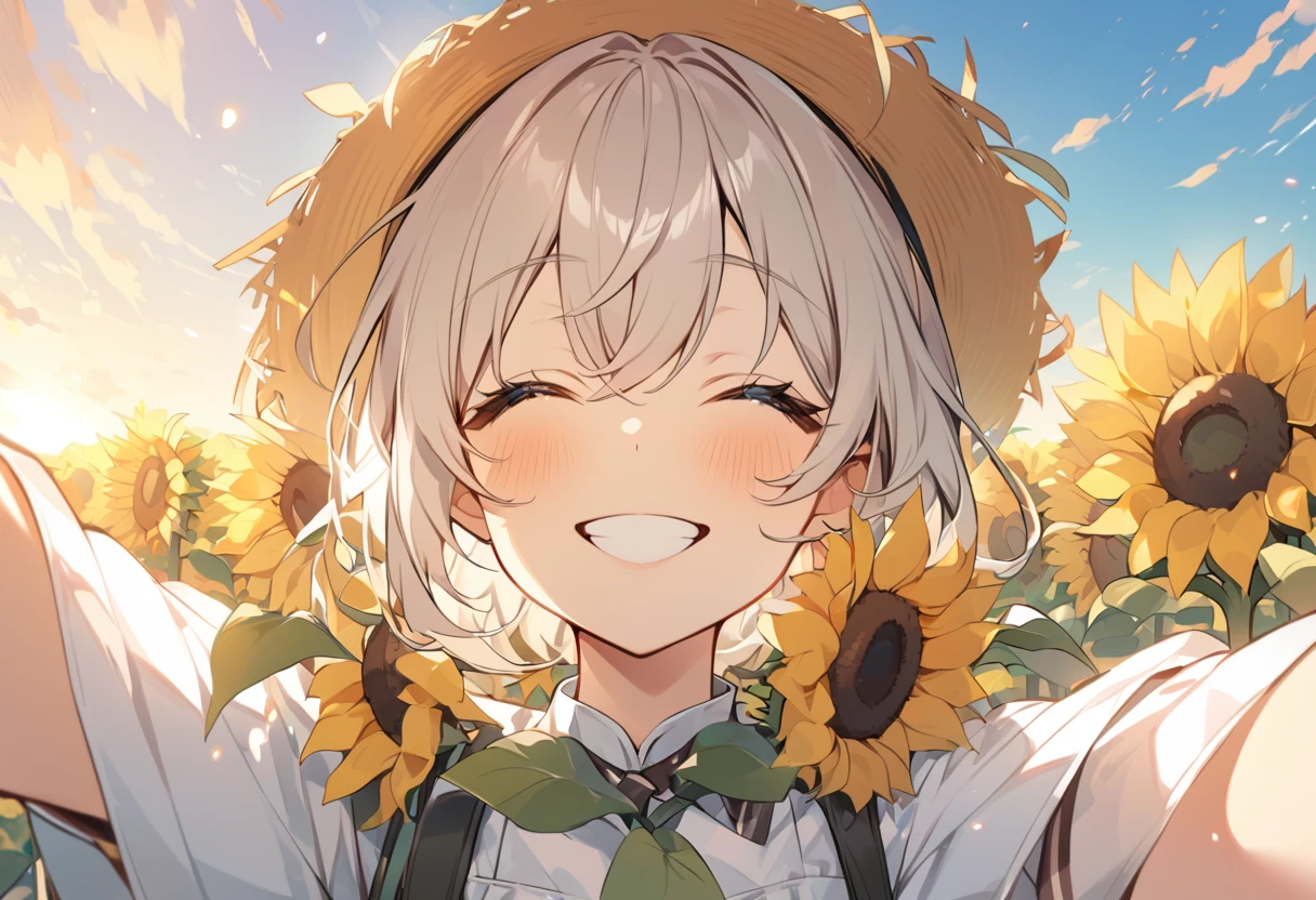 high resolution、Selfie style、Sunflower field、One girl,Upper Body,smile,I'm laughing so hard my eyes are closing,A big smile,Black Hair,long,Shiny Hair, peace_sign