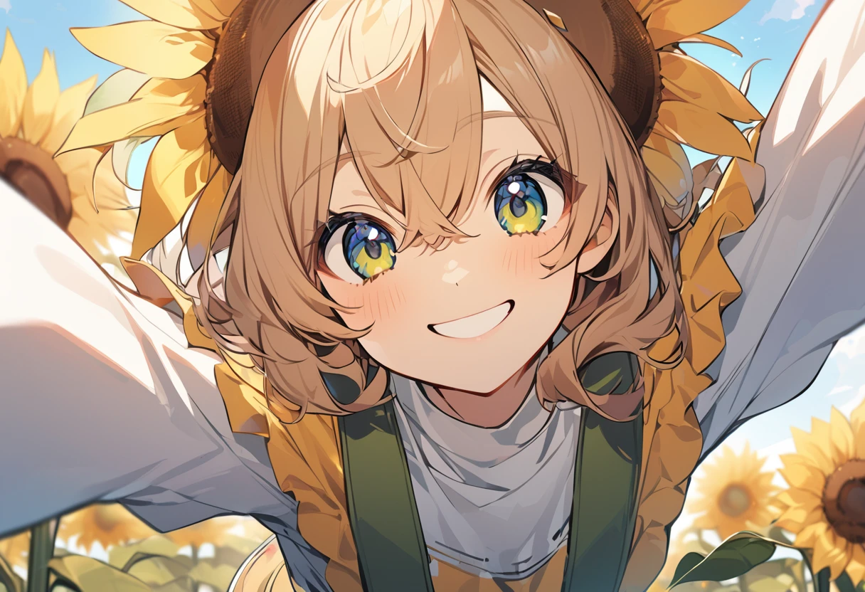 high resolution、Selfie style、Sunflower field、One girl,Upper Body,smile,I&#39;m laughing so hard my eyes are closing,A big smile,Black Hair,long,Shiny Hair, peace_sign