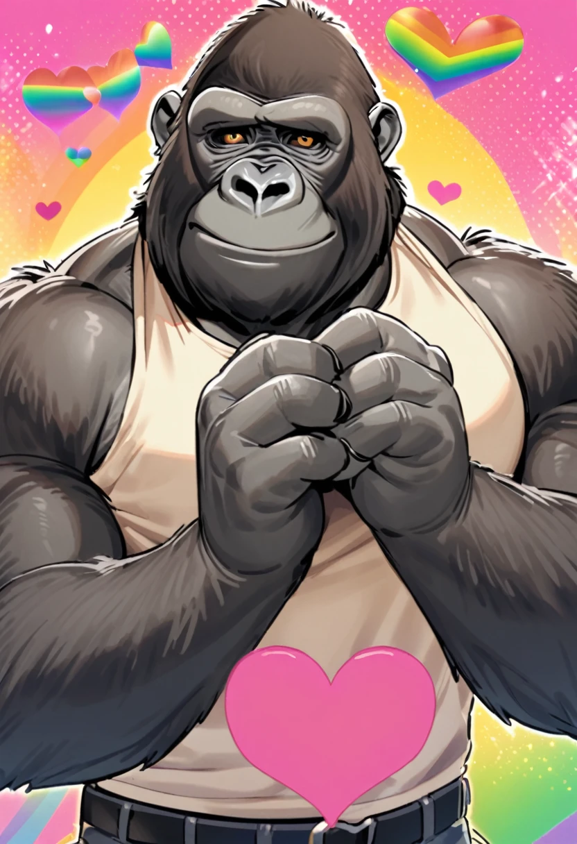 A gay gorilla making a heart symbol with his hands A gorilla who frequents a gay bar