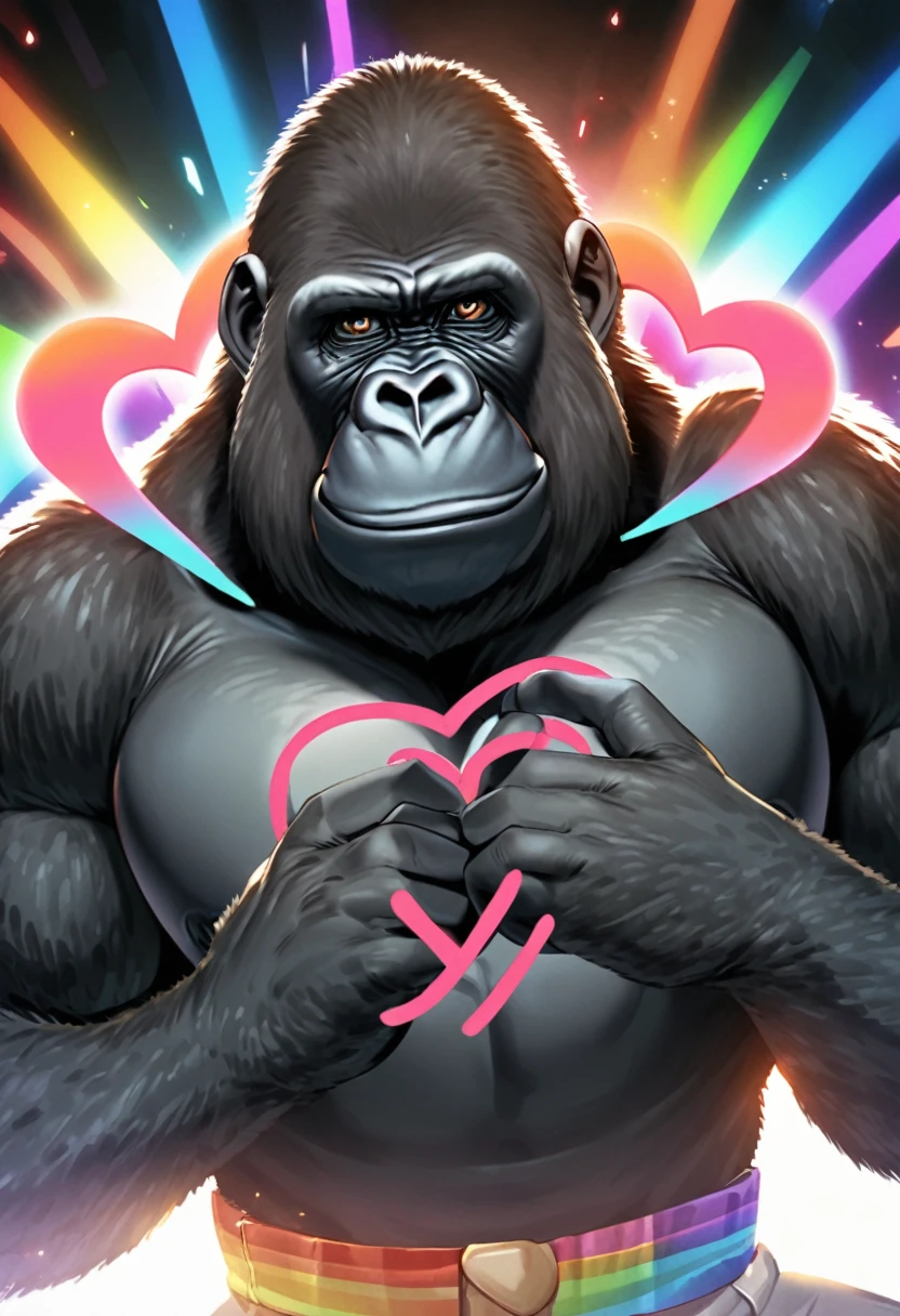 score_9, score_8_up, score_7_up, rating_safe,source_furry,anthro,source_3D, (gay fursuit werewolf muscular) (pink background with hearts) (Heart Fingers LGBT) (looking at the passionate viewer) (red eyes)