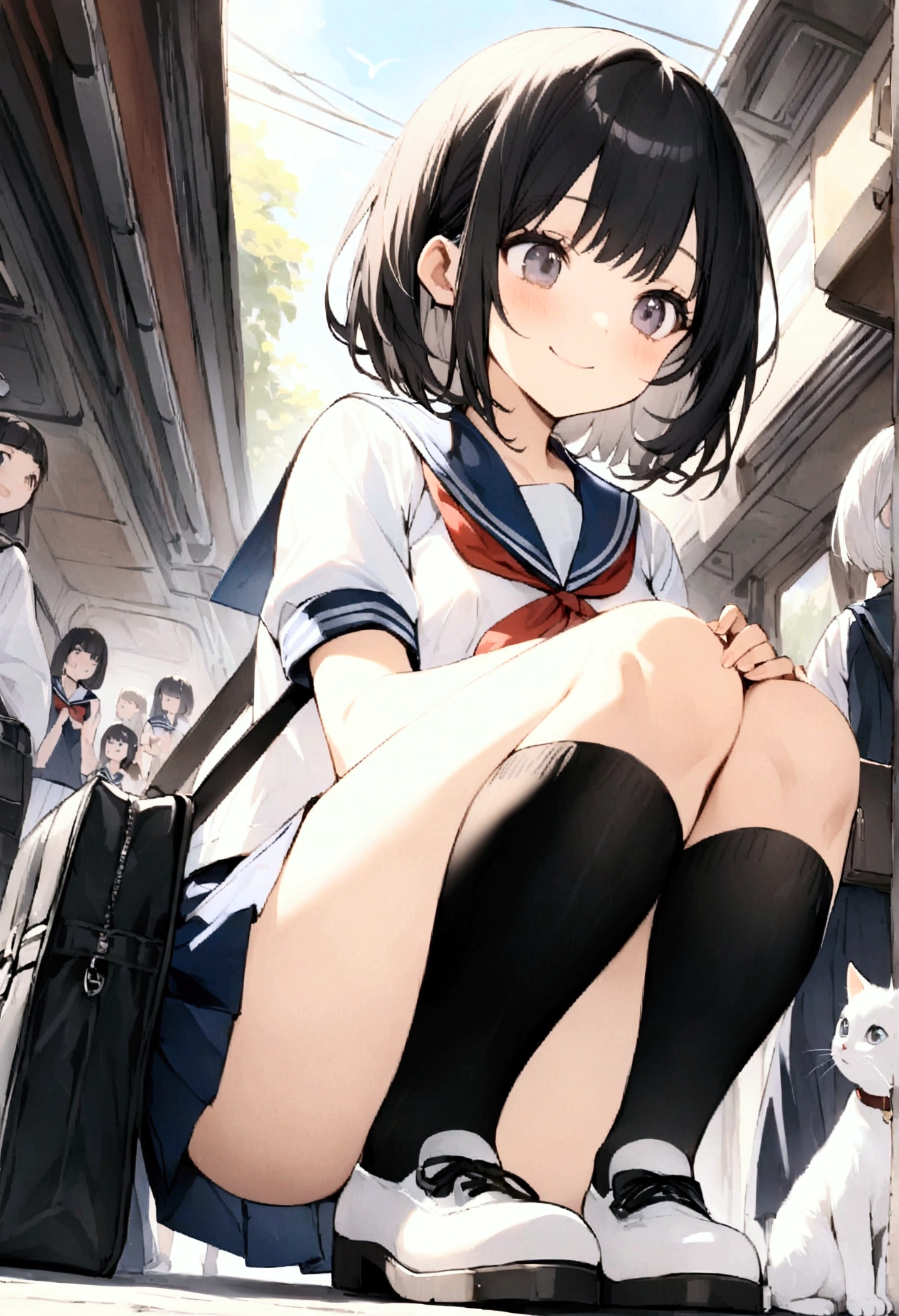 One Woman、1 kitten、crowd、Station platform、beautiful girl、Sailor suit、A gentle smile、Looking at the kitten、Pleated skirt、Hold a school bag with both hands、Age: 18、Bob Cut Hair, Highest quality, body type、Small 、Small ass、Black Hair,The train is coming、Black knee-high socks、Cowboy Shot、Ultra-fine images、Squatting down to fix shoelaces、Angle from directly below、Petting a cat、pat、Put the kitten on your lap、The kitten is meowing