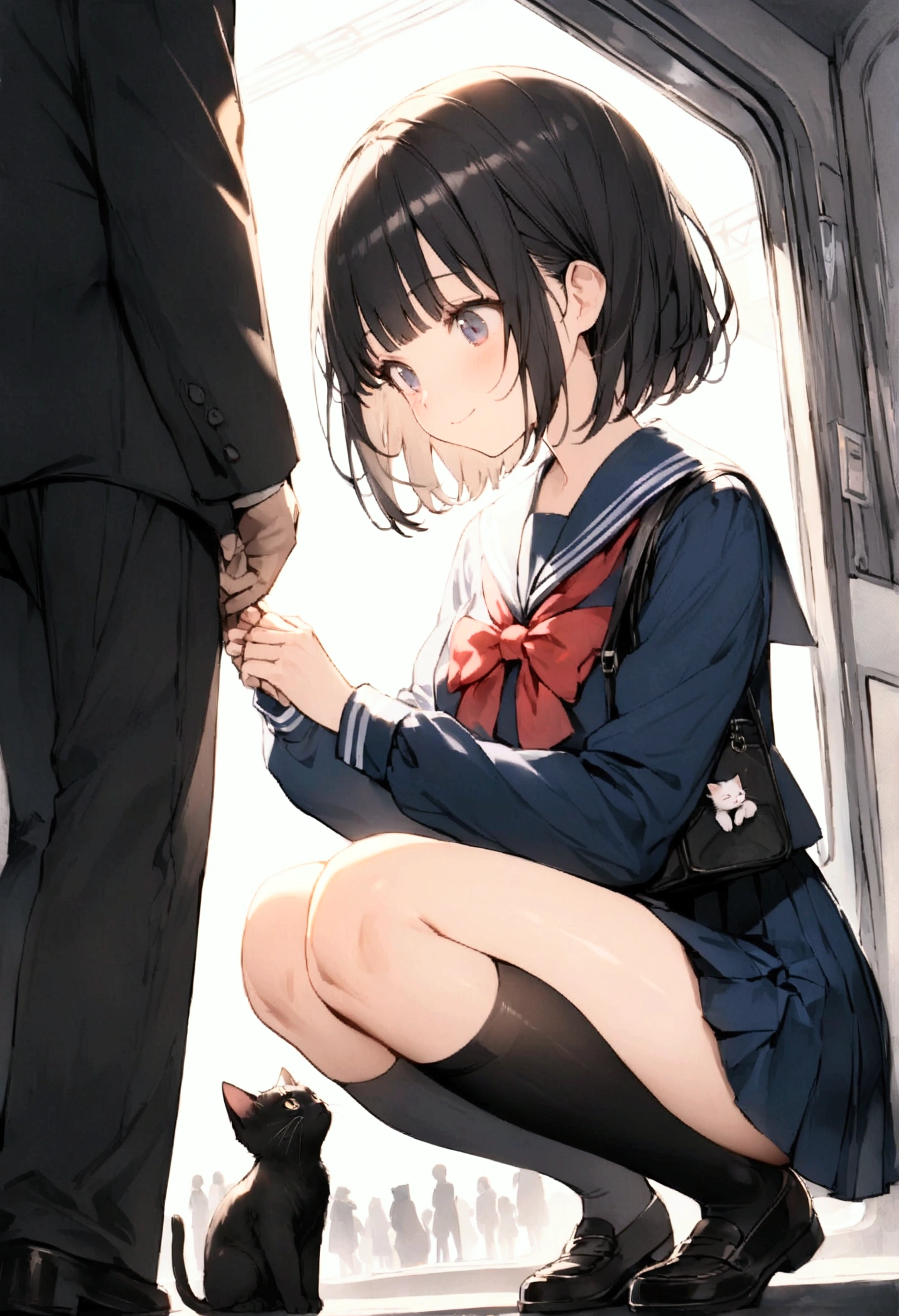 One Woman、1 kitten、crowd、Station platform、beautiful girl、Sailor suit、A gentle smile、Looking at the kitten、Pleated skirt、Hold a school bag with both hands、Age: 18、Bob Cut Hair, Highest quality, body type、Small 、Small ass、Black Hair,The train is coming、Black knee-high socks、Cowboy Shot、Ultra-fine images、Squatting down to fix shoelaces、Angle from directly below、Petting a cat、pat、Put the kitten on your lap、The kitten is meowing