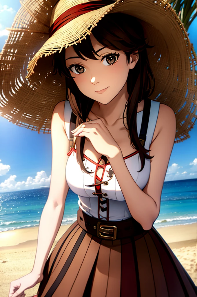 A woman in full-zip shorts eats a tlayuda at a taco stand Jeans have a belt With side slits Big Ass Upper body naked Brown Hair Straw hat