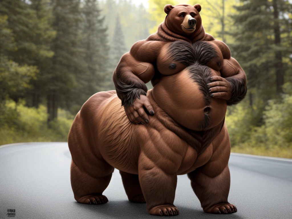 furry, fur taur, beartaur, middle-age, solo, detailed face, bear ears, bear eyes(brown), bear nose(black), bear mouth, garibaldi beard(grey), mature hair(grey), detailed arms, thick arms, muscular, thick hands(5 fingers), detailed body belly, thick body, muscle belly(white), thick chest, chest hair(grey), detailed taur body, thick taur body, thick bear paws, thick bear tail, full body shot, standing on the road