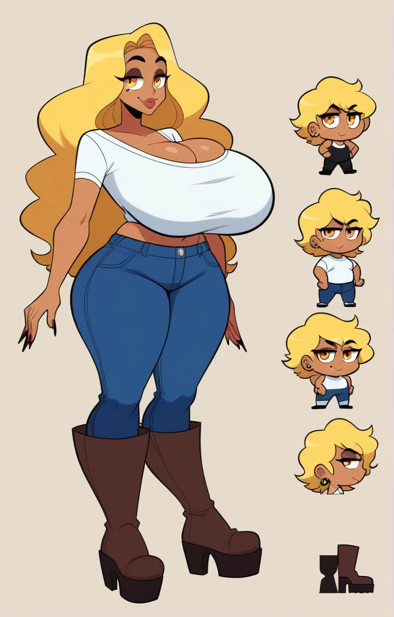 Expressiveh, egirlthot, chibiIcon, , score_9, score_8_up, score_8, (top quality,8k wallpaper),(masterpiece,best quality:1.2), ((source_anime, anime)), 1girl, , goat pupils, gyaru, ((very light blonde hair, long hair, )), old, mother, milf, , ,, tan skin, makeup, tan skin, saggy ???????, saggy, amused eyes, amused smile, , , wide eyes, jealous, jealousy, very jealous, yandere, , , , , obsessive, , black mascara, black eyeliner, yellow eyes, , , , , big sister, , large eyes, beauty mark, , giggling, laughing, leaning , , athletic , long fingernails,s1z3d1ff_t4lk, taller girl, standing, legs straight,  , [[from below]:0.5], , eye contact, chibi, icon, cartoon, big head, wide ????, wide torso, plump, big eyes, character sheet, platform boots, denim jeans, white top, multiple views of the same character,model sheet,chatacter sheet, mature female, motherly,  front view and side view,