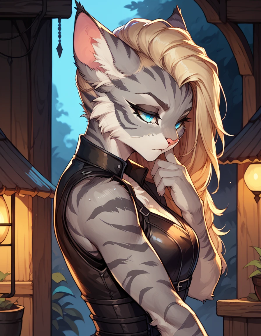 score_9,score_8_up,score_7_up, score_6_up, score_5_up, source_anime, flat colors, no shading, Kat, Anthro furry feline, silver fur, grey stripes on body, blue eyes, long blonde hair, undercut hair, pink nose, :3, wearing black leather armor vest, black cuirass, furrowed eyebrows, sad expression, soulless eyes, side view, standing, hand to face, contemplating, at a campsite night time