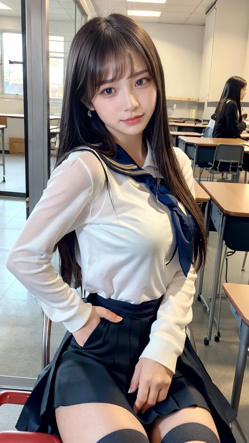 ((masterpiece, Highest quality)),Best aesthetics,One girl, , machine, Sitting, school machine, Black hair straight, classroom, Long Hair, indoor, Chair, View your viewers, :p, Focus Only, Brown eyes, mini skirt, Long sleeve, pencil, 1 boy, pencil case, paper, Seraph of the Black, Multiple Girls, Pleated skirt, Sailor collar, bangs, Headrest, school bag, school Chair,smile,(skirt lift:1.8),Knee-high socks,Showing off her black underwear,(see through:1.4)