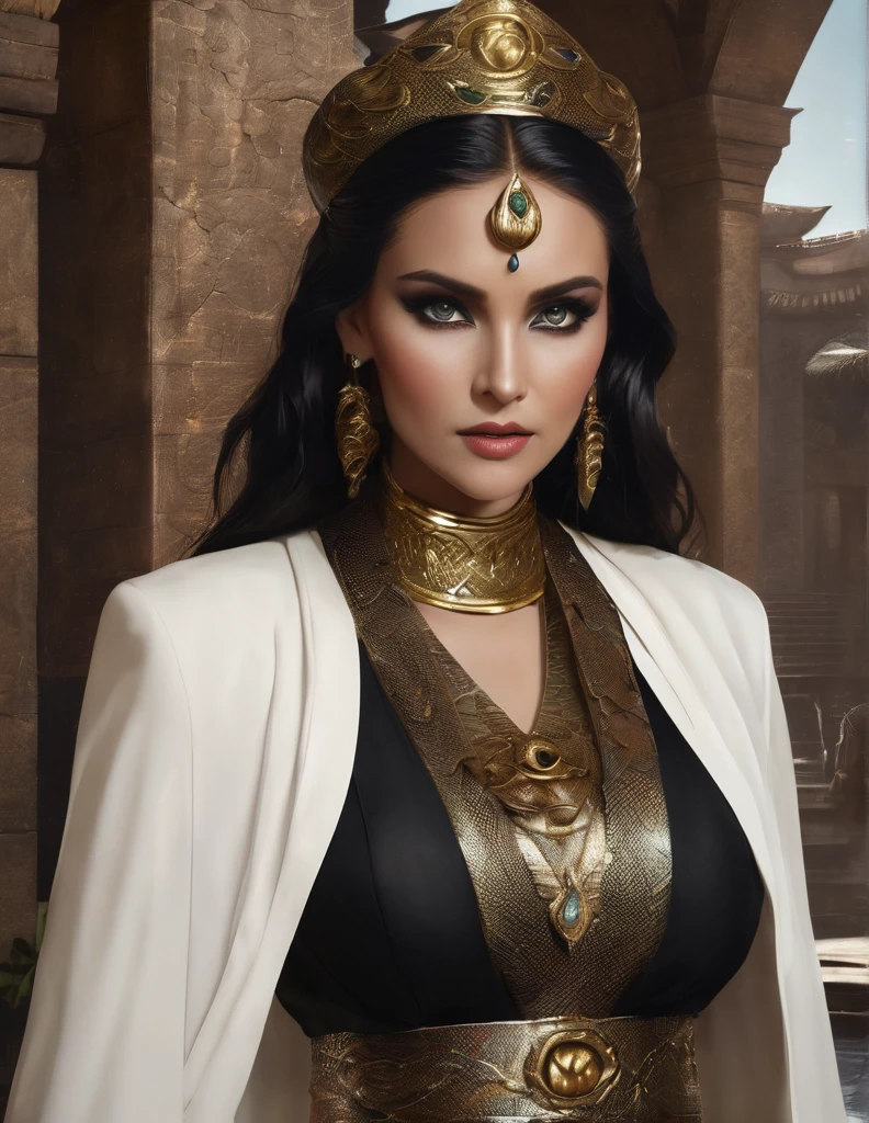 elegant snake priestess, serpentine features, mesmerizing golden eyes with slit pupils, delicate yet stern facial features, hidden venomous fangs, ebony serpent scales visible on her arms, hips, abdomen, regal yet practical robed attire, feline grace with an underlying tension, embodiment of ancient Stygian mysticism, magic and mystery, (best quality,4k,8k,highres,masterpiece:1.2),ultra-detailed,(realistic,photorealistic,photo-realistic:1.37), dark fantasy, cinematic lighting, dramatic colors, atmospheric, chiaroscuro