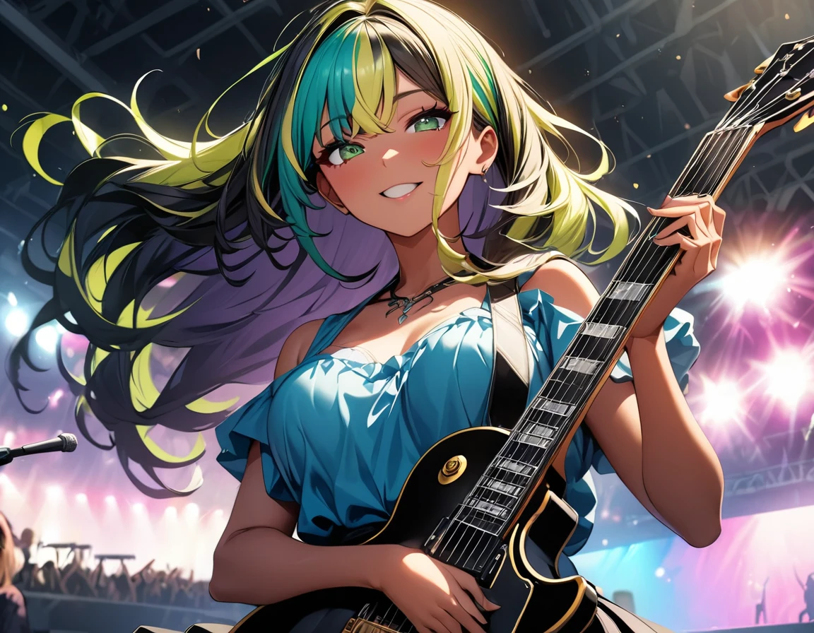 (highest quality:1.2, Very detailed, up to date, Vibrant, Ultra-high resolution, High Contrast, masterpiece:1.2, highest quality, Best aesthetics), Portraiture、girl、singer、stage、performance、Rock Music、Bright colors、Beautiful fine details、Beautiful lip detail、long hair、ponytail, white and yellow green ((streaked hair:1.6)), highlights hair: 1.5, middium breast, (tan skin:1.1), Music band、Cheerful pose、Concert Light、Edgy Style、black Skirt-style-bikini、loose fit, Dynamic Movement、hypnotic sounds、Stadium、amplifier、Loud music、Electric guiter、Gibson Les-Paul special, mike stand, Powerful vocals、Passionate performance、Sparkling stage、Concert atmosphere、Music Festival、Full of emotion、Rock star attitude、Resolute expression、Avid Fan、The presence of an attractive stage、 Expressive gestures、Rock star aura、An exciting atmosphere、Sing with all your heart、An unforgettable show, (upper body)