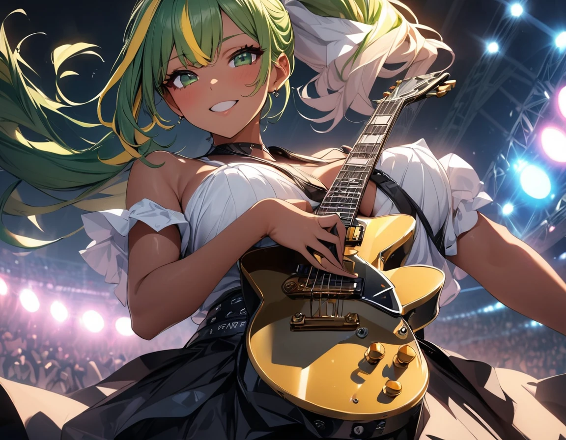 (highest quality:1.2, Very detailed, up to date, Vibrant, Ultra-high resolution, High Contrast, masterpiece:1.2, highest quality, Best aesthetics), Portraiture、girl、singer、stage、performance、Rock Music、Bright colors、Beautiful fine details、Beautiful lip detail、long hair、ponytail, white and yellow green ((streaked hair:1.6)), highlights hair: 1.5, middium breast, (tan skin:1.1), Music band、Cheerful pose、Concert Light、Edgy Style、((black Skirt-style-bikini:1))、loose fit, Dynamic Movement、hypnotic sounds、Stadium、amplifier、Loud music、Electric guiter、(Fender stratcaster:1), (mike stand:1), Powerful vocals、Passionate performance、Sparkling stage、Concert atmosphere、Music Festival、Full of emotion、Rock star attitude、Resolute expression、Avid Fan、The presence of an attractive stage、 Expressive gestures、Rock star aura、An exciting atmosphere、Sing with all your heart、An unforgettable show。