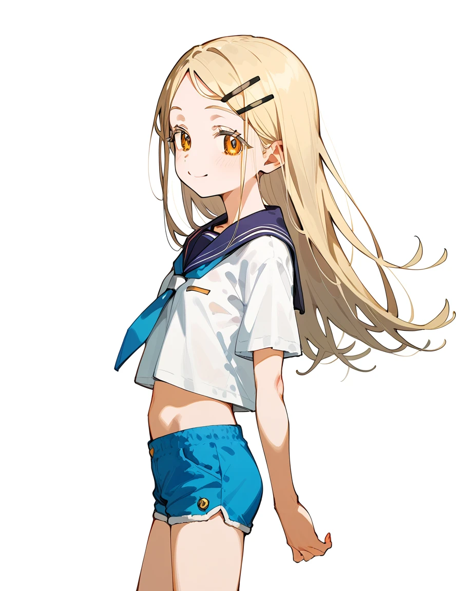 Highest quality, masterpiece, No correction, Beark 1 dhibi girl,shinosawa hiro,thin,Orange eyes,White eyelashes,Blonde,Long Hair,Hair Clip,cros hair clip,flat chest,white background,mini skkirt,smile,blue sailor collar,blue tie,hotpants,from side,