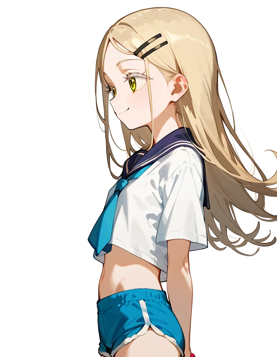 Highest quality, masterpiece, No correction, Beark 1 dhibi girl,shinosawa hiro,thin,Orange eyes,White eyelashes,Blonde,Long Hair,Hair Clip,cros hair clip,flat chest,white background,mini skkirt,smile,blue sailor collar,blue tie,hotpants,from side,