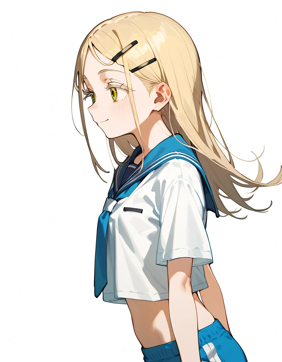 Highest quality, masterpiece, No correction, Beark 1 dhibi girl,shinosawa hiro,thin,Orange eyes,White eyelashes,Blonde,Long Hair,Hair Clip,cros hair clip,flat chest,white background,mini skkirt,smile,blue sailor collar,blue tie,hotpants,from side,