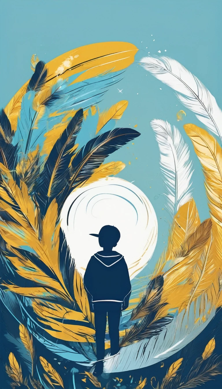 A minimal, modern, simple, cinematic, creative, inspirational, abstract, unique, fantastic, logo design for a storytelling brand “Penamemoria" about dreams, stories and music. Create a modern, minimalistic, high-quality, logo of a boy-feather. The logo must convey a sense of creative inspiration between a boy and a unique, special bird feather. Create the logo with the colors sky blue, yellow golden and white. The background is a forest full of birds and feathers everywhere. A creative boy is standing still in the middle of that forest contemplating the birds, the forest and the feathers.