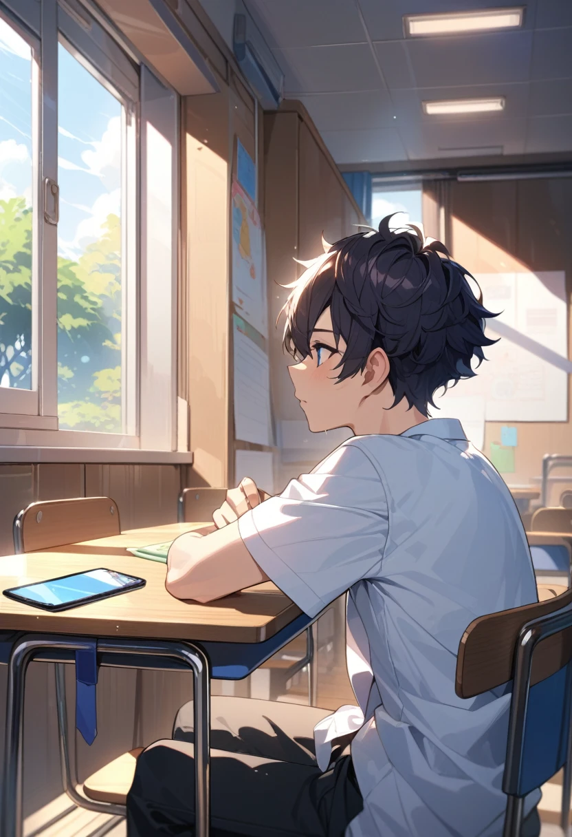 masterpiece, best quality, extremely detailed, ultra detailed, flat anime, 2D, ((1boy)),black hair, (short hair:1.5),blue eyes, height 1.7meters, (circle eyes:1.2), (young adult:1.2), Ear-length sideburns,height 1.7meters, High School Uniforms, white shirt, blue tie, ((short sleeves)), ((long pants)), sitting, closed mouth, thinking, upper body, summer, classroom, 11AM,looking at his smart phone., Operating a smart phone, baby face