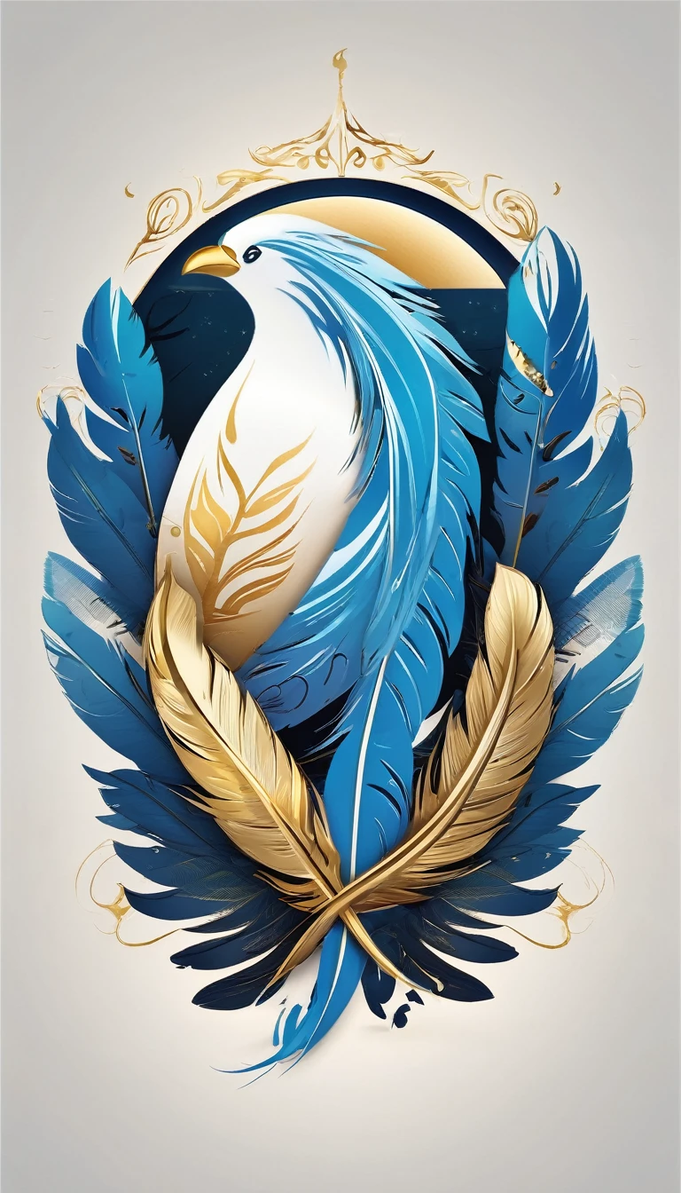 Create a cinematic, abstract symbol for a storytelling production brand based on stories and dreams called " Penamemoria". The logo should convey a fantasy theme and include the company of a boy and a feather. Fantastic, memorable, poetic, dreamy, sitting against a tree and playing guitar to a fantastic, unique, poetic white-blue-golden feather.