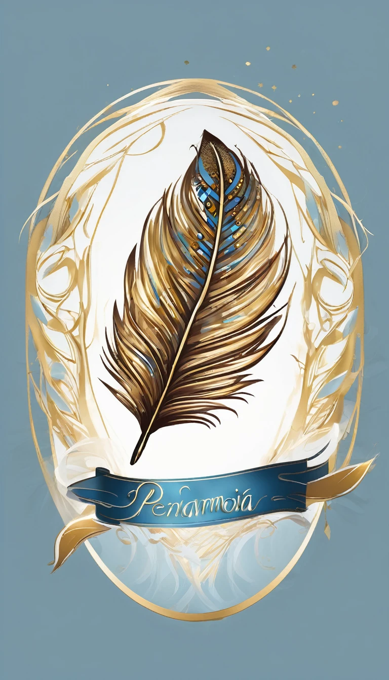 Create a cinematic, abstract symbol for a storytelling production brand based on stories and dreams called " Penamemoria". The logo should convey a fantasy theme and include the company of a boy and a feather. Fantastic, memorable, poetic, dreamy, sitting against a tree and playing guitar to a fantastic, unique, poetic white-blue-golden feather.