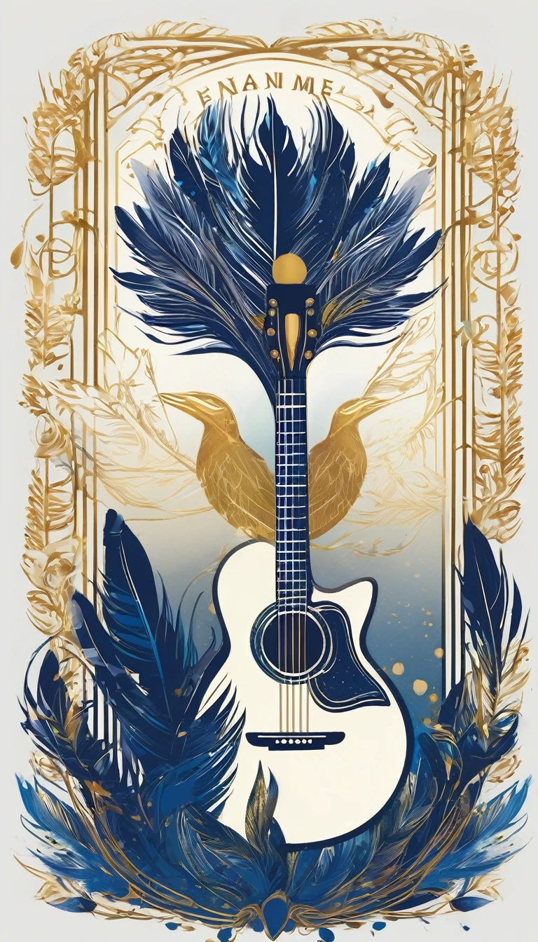 Create a cinematic, abstract symbol for a storytelling production brand based on stories and dreams called " Penamemoria". The logo should convey a fantasy theme and include the company of a boy and a feather. Fantastic, memorable, poetic, dreamy, sitting against a tree and playing guitar to a fantastic, unique, poetic white-blue-golden feather.