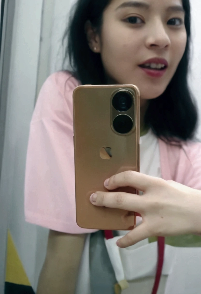 A woman is taking a selfie with her mobile phone, Low quality video, She holds a smartphone, very Very low quality picture, 8k selfie photo, holding a very advance phone, Tik Tok Video, very Very low quality, With a strange feeling, Low quality photosgraph, low quality footage, Very low quality, hold up smartphone, Low quality photos, Accidentally took a selfie 