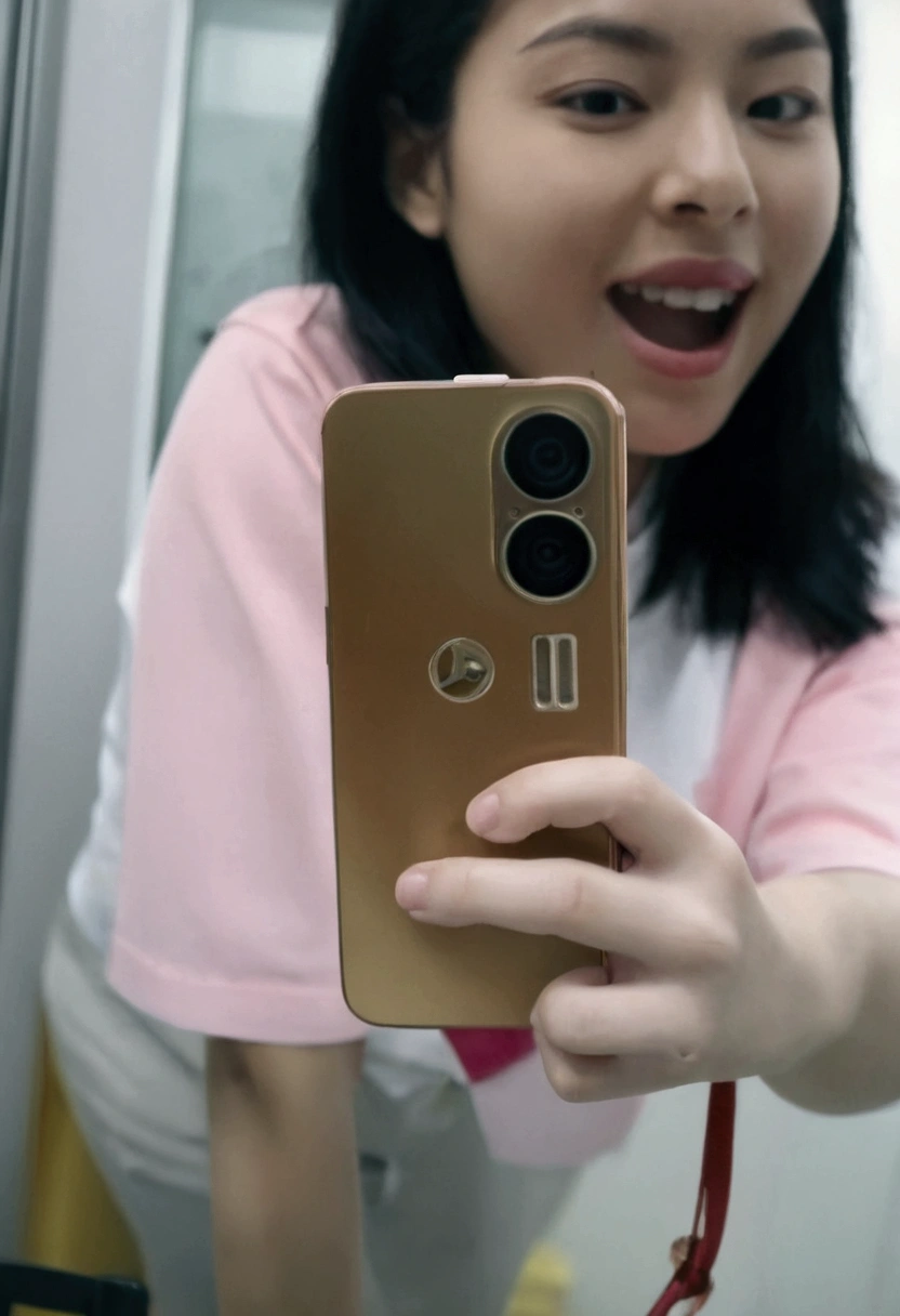 A woman is taking a selfie with her mobile phone, Low quality video, She holds a smartphone, very Very low quality picture, 8k selfie photo, holding a very advance phone, Tik Tok Video, very Very low quality, With a strange feeling, Low quality photosgraph, low quality footage, Very low quality, hold up smartphone, Low quality photos, Accidentally took a selfie