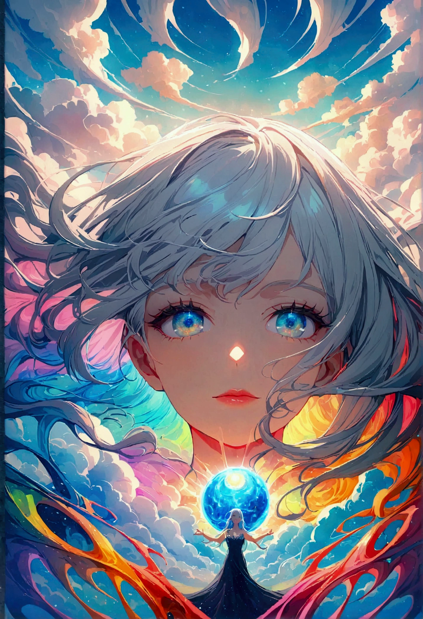 woman， Short, flowing silver hair., eye of the universe,  beautiful sky, Beautiful clouds, in the summer，Improve resolution