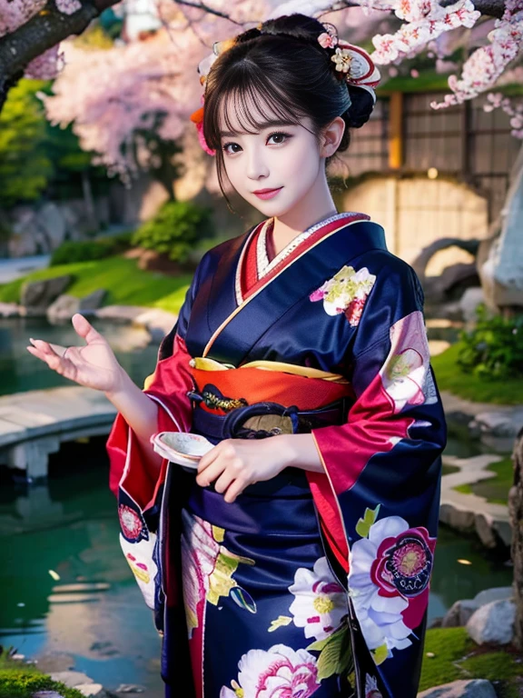 (Highest quality、 8k 、masterpiece、High resolution)、 Japanese painting、Vibrant colors、Detailed Description、A woman wearing a kimono、Dynamic painting technique,、Colorful peonies、Japanese garden、cherry blossoms、Digital Art、Detailed CG、