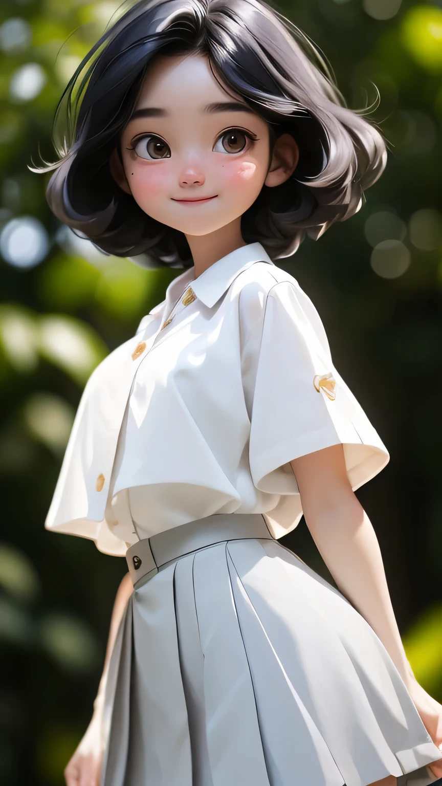 masterpiece, Highest quality, 8k, Official Art, Cinematic Light, Ultra-high resolution, One girl, 16 years old, black hair, short hair, cute, droopy eyes, round face, full-body view, summer, high-school, daytime, outdoor, blurred background, vibrant colors, realism, depth, high detail, smooth textures, smiling, (standing, Roll up your skirt), slouching, camera gaze, emphasize round face, high school student, 　 
 (white blouse, short sleeves, gray pleated skirt),
