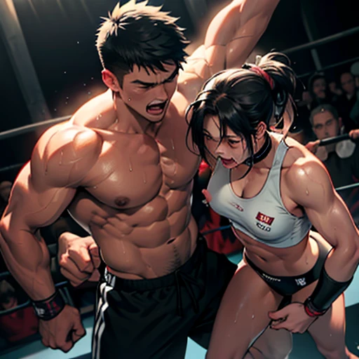 two person. she is punched by him. a man and a naked girl is fighting in a octagon ring. a man is beating bloody pretty young japanese girl fighter so hard. she is dominated by him. she is crying and screaming. she has short-cut black hair, shortness of breath, drool from her mouth, closed eye, exhaustion, and sweat soaked. open finger grobe. full body. Muscularity. Six pack abs. Erect nipples.