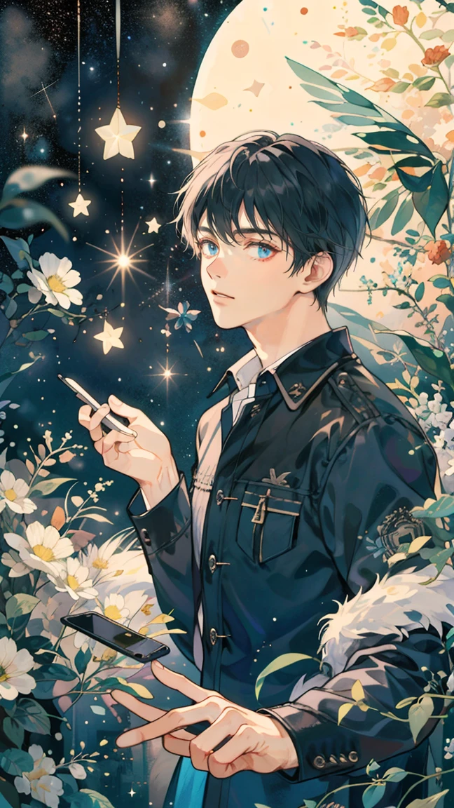 (((masterpiece))),Highest quality, Whitetown,Starry Sky, 1 person, Short black hair