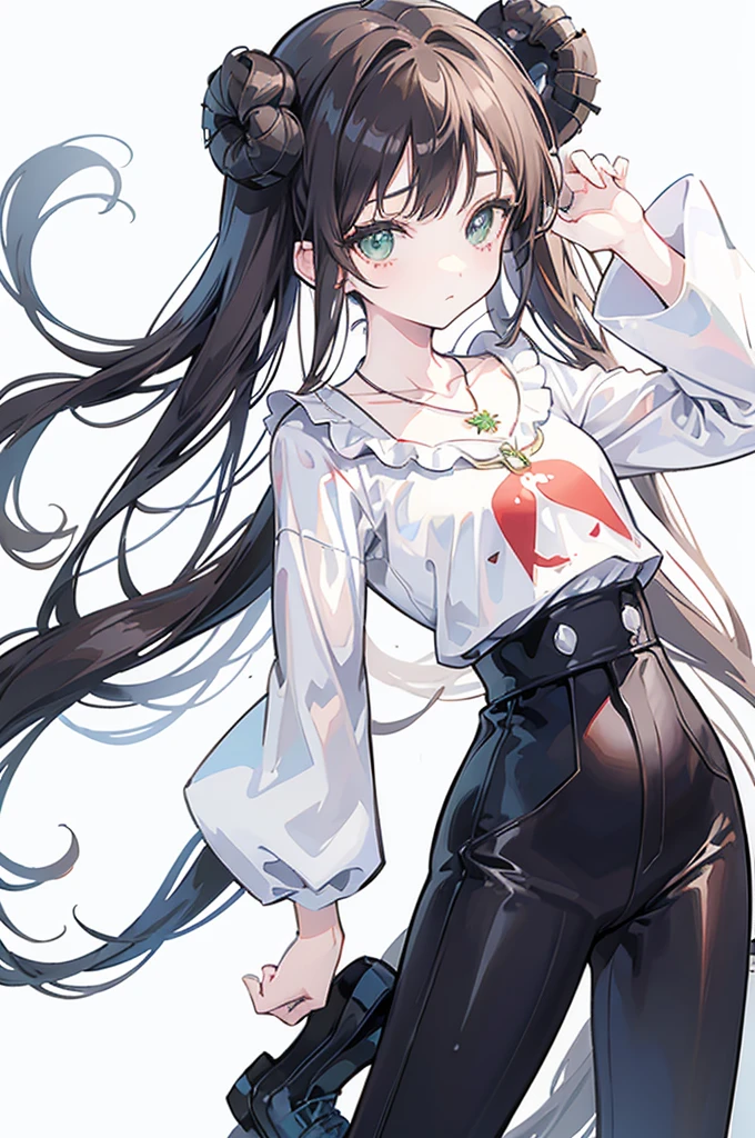 {{masterpiece}}, The best quality of life, 、Dark brown long hair、Anime Girls with brown long hair and white blouse and black pants, Cute girl anime visuals,(White blouse with flared sleeves、Black high waist skinny pants,Black pumps), Anime full body illustration, Anime Moe Art Style, Anime characters, (Anime Girls)、(Green Eyes）、Expressionless woman、Small Necklace、((White background))