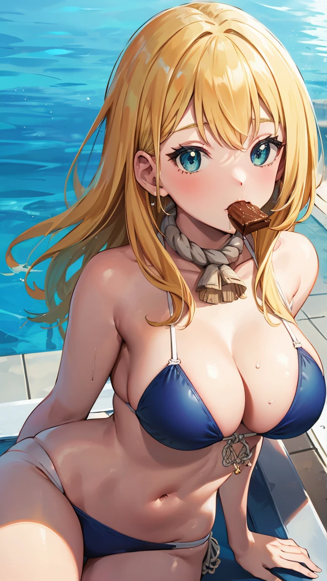 anime girl in a bikini eating a dessert by the pool, seductive anime girl, is wearing a swimsuit, eating cakes, pixiv, , at pixiv, swimsuit, attire: bikini, kantai collection style, trending on artstation pixiv, in a bikini, in bikini, top rated on pixiv, bathing suit, realistic bikini, ruri, rope around neck,