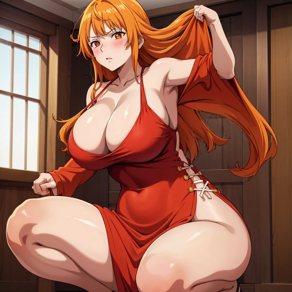 score_9, score_8_superior, sauce_anime, Highest quality, we, Naami, Orange Hair, Orange eyes, Long Hair, Large Breasts, Are standing, View your viewers, China dress, Red clothes, indoor, Low - Angle, squat, Put your arms behind your head, blush, from the front, Cleavage, Obscene pubic hair, Very high quality vagina, Dripping love juice