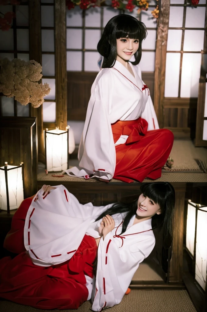 wearing black tights{{{masterpiece}}}, {{{best quality}}}, {{ultra-detailed}}, {illustration}, {{an extremely delicate and beautiful}},white shrine maiden garp and red ultra mini skirt,one girl,kneeling and praying,one girl,tatami room,clear face, see big breasts, showing panties, smiling at the viewer,from above