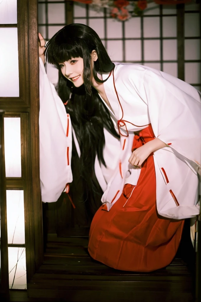 wearing black tights{{{masterpiece}}}, {{{best quality}}}, {{ultra-detailed}}, {illustration}, {{an extremely delicate and beautiful}},white shrine maiden garp and red ultra mini skirt,one girl,kneeling and praying,one girl,tatami room,clear face, see big breasts, showing panties, smiling at the viewer,from above