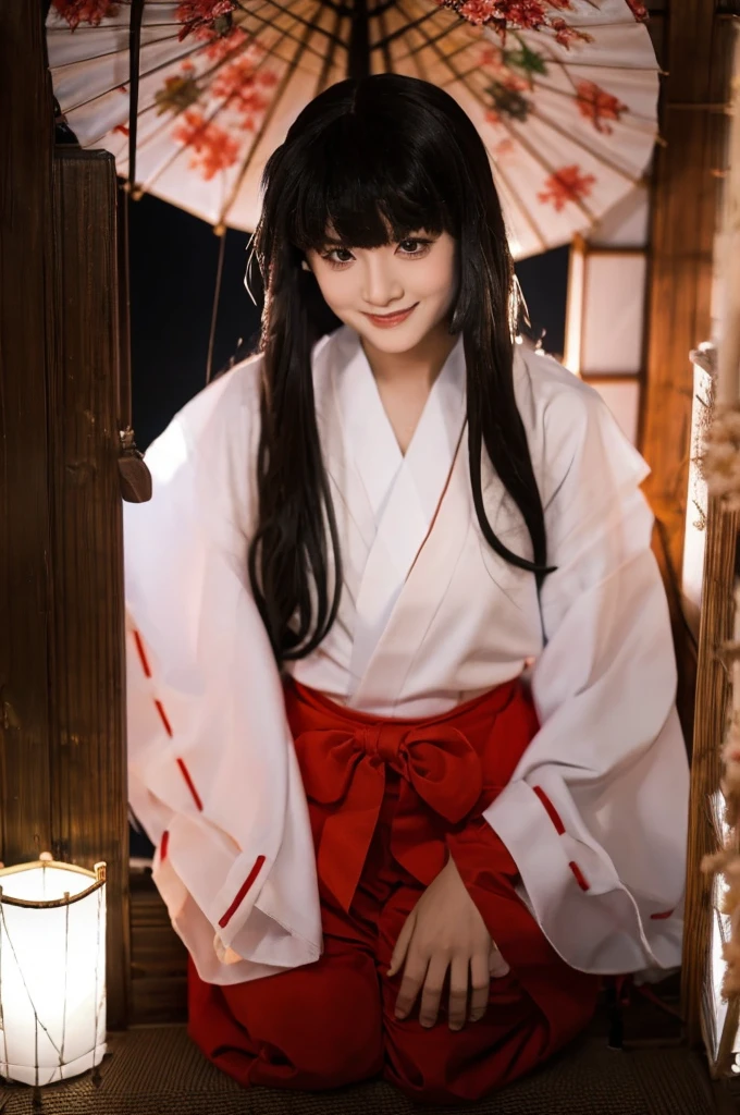 wearing black tights{{{masterpiece}}}, {{{best quality}}}, {{ultra-detailed}}, {illustration}, {{an extremely delicate and beautiful}},white shrine maiden garp and red ultra mini skirt,one girl,kneeling and praying,one girl,tatami room,clear face, see big breasts, showing panties, smiling at the viewer,from above
