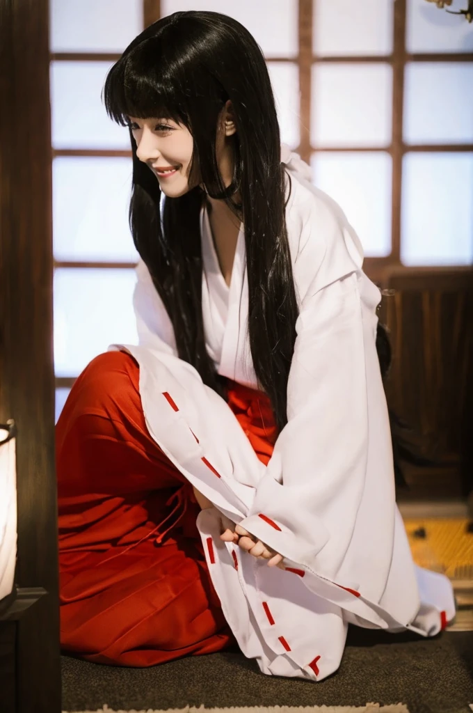 wearing black tights{{{masterpiece}}}, {{{best quality}}}, {{ultra-detailed}}, {illustration}, {{an extremely delicate and beautiful}},white shrine maiden garp and red ultra mini skirt,one girl,kneeling and praying,one girl,tatami room,clear face, see big breasts, showing panties, smiling at the viewer,from above