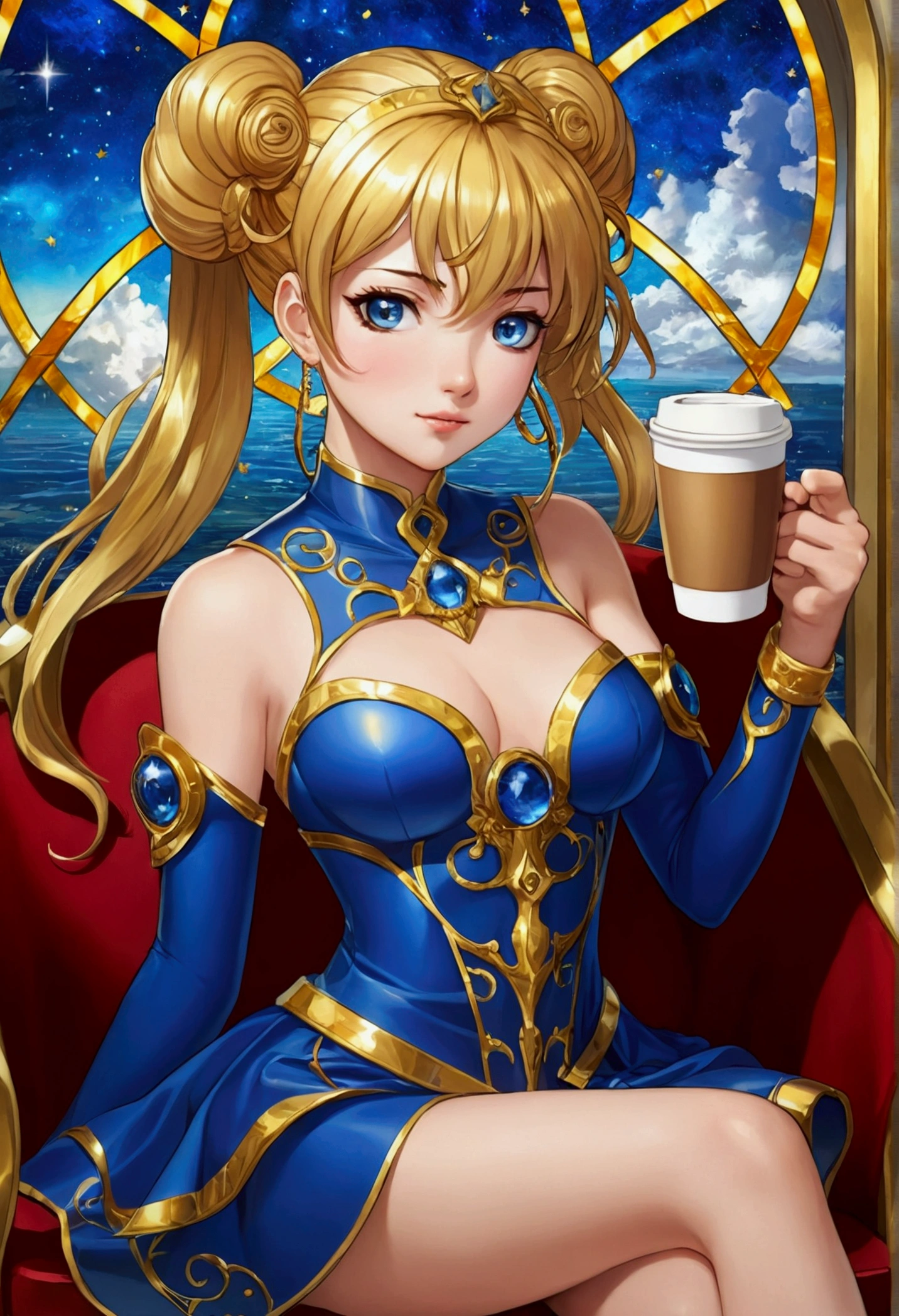 Anime girl sitting on a chair with a coffee cup in her hand, Alchemist Girl, Light novel cover, Official Art, Epic light novel art cover, Official Artwork, epic Light novel cover, change, isekai, small curve change, Kushat Wreath, Kshat Krentz Key Art Feminine, Shadowverse Style, Moe Dwarf,( Absurd , high quality , Super detailed, Watch your hands )Zodiac sign - Goddess of Sagittarius , Similar to the goodness of Latin . Optimistic, fair, Funny and intelligent face . recklessness, Ruthless, impatient, Overconfident style . Dark blue eyes (Eye details) , Sparkling deep blue hair , Transparent dress , In the sea of shining stars , whole body , Nature of fire , God Chiron(masterpiece, Highest quality, Highest quality,Official Art, beautifully、Super Gold Hairstyle、aesthetic:1.2),(One girl:1.3), One girl BREAK stained glass art, Colored Glass, Lead wire, Light transmission BREAK Vivid colors, Intricate Design, Glowing effect, Spiritual atmosphere、Background abstract korean strip dancer