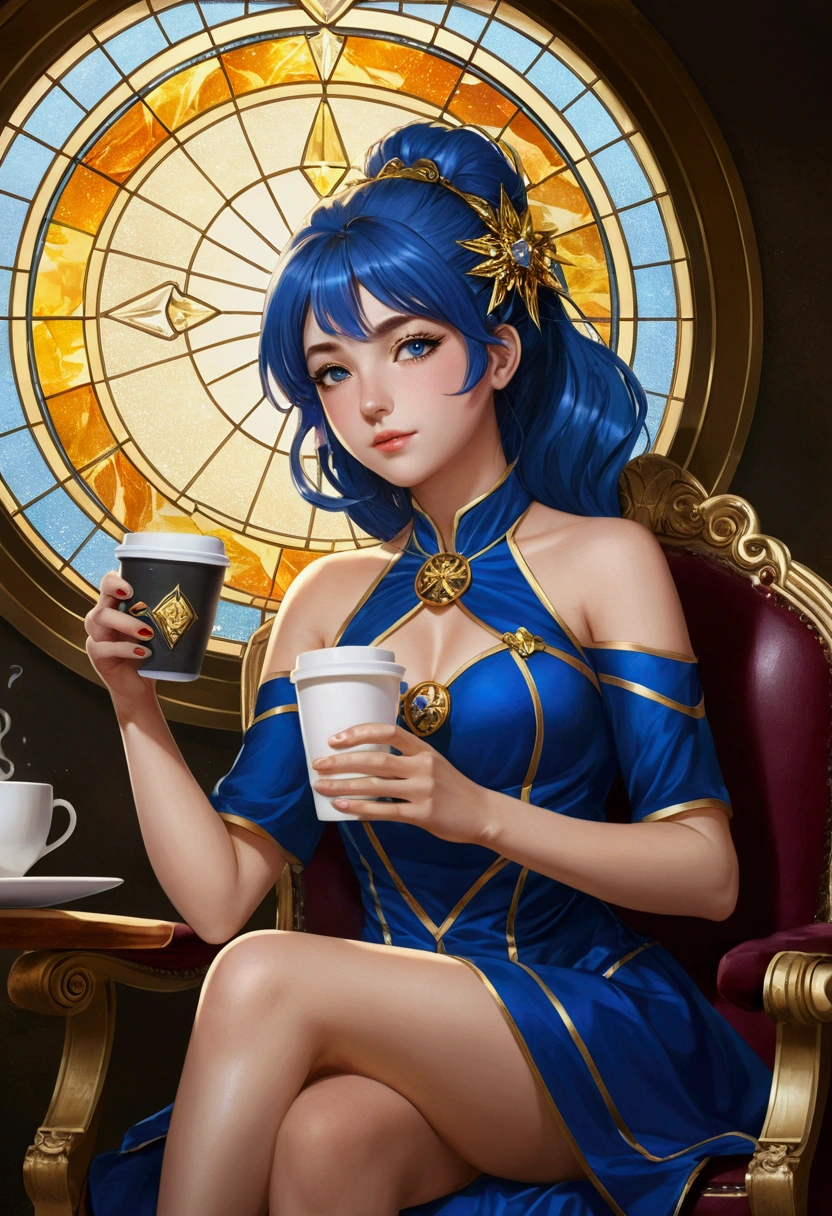 Anime girl sitting on a chair with a coffee cup in her hand, Alchemist Girl, Light novel cover, Official Art, Epic light novel art cover, Official Artwork, epic Light novel cover, change, isekai, small curve change, Kushat Wreath, Kshat Krentz Key Art Feminine, Shadowverse Style, Moe Dwarf,( Absurd , high quality , Super detailed, Watch your hands )Zodiac sign - Goddess of Sagittarius , Similar to the goodness of Latin . Optimistic, fair, Funny and intelligent face . recklessness, Ruthless, impatient, Overconfident style . Dark blue eyes (Eye details) , Sparkling deep blue hair , Transparent dress , In the sea of shining stars , whole body , Nature of fire , God Chiron(masterpiece, Highest quality, Highest quality,Official Art, beautifully、Super Gold Hairstyle、aesthetic:1.2),(One girl:1.3), One girl BREAK stained glass art, Colored Glass, Lead wire, Light transmission BREAK Vivid colors, Intricate Design, Glowing effect, Spiritual atmosphere、Background abstract korean strip dancer