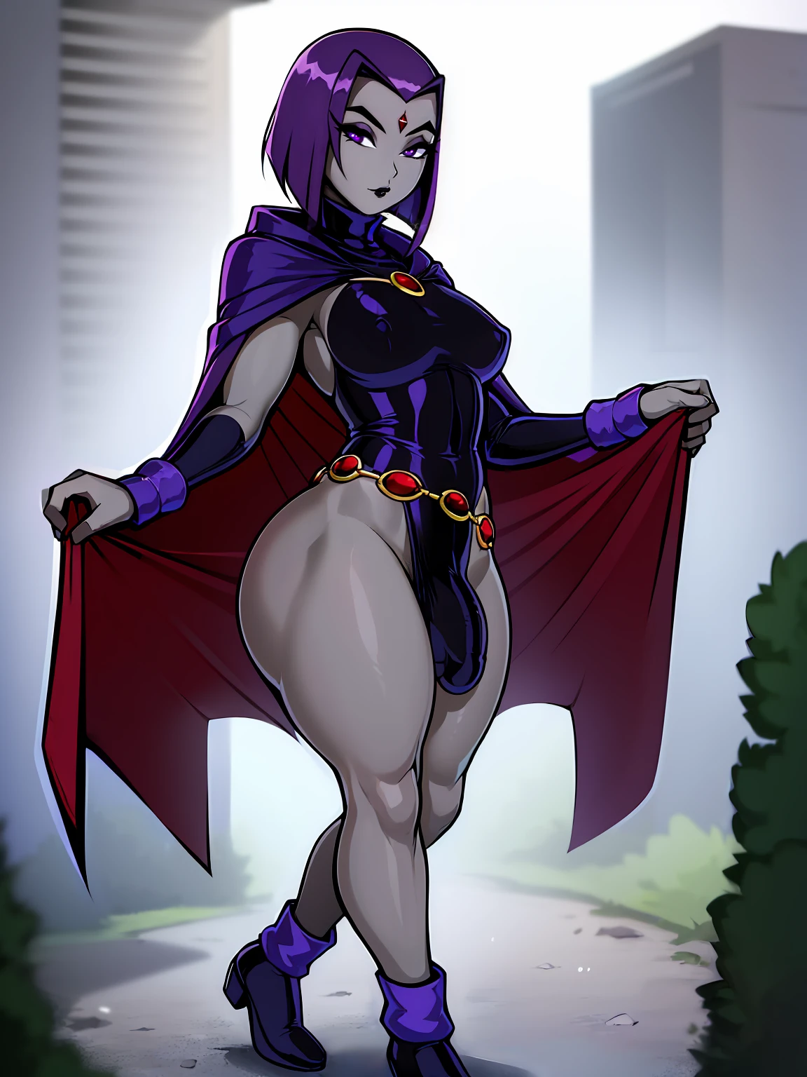 (solo:1.1),(masterpiece), (best quality:1.3), ultra detailed, intricate, (nice hands:1.4), professional art, digital art, absurdres, shadraven, (Full body view:1.1), 1girl, solo, (grey skin:1.4), dark purple hair, bob hair, purple eyes, hips wider than shoulders, pear shaped body, jewellery, detailed thighs, thick thighs, red jewel in forehead, jewels, (long sleeved turtleneck leotard:1.3), cuffs, small , (shadraven cloak), (Shadraven broach:1.2), Shadraven jewel belt, Shadraven wearing a long sleeved leotard outside at night, long legs, ( long crotch bulge:1.4), large penis,  testicles, s looking at viewer, bubble butt , gluteal creaseiversal lighting,,
