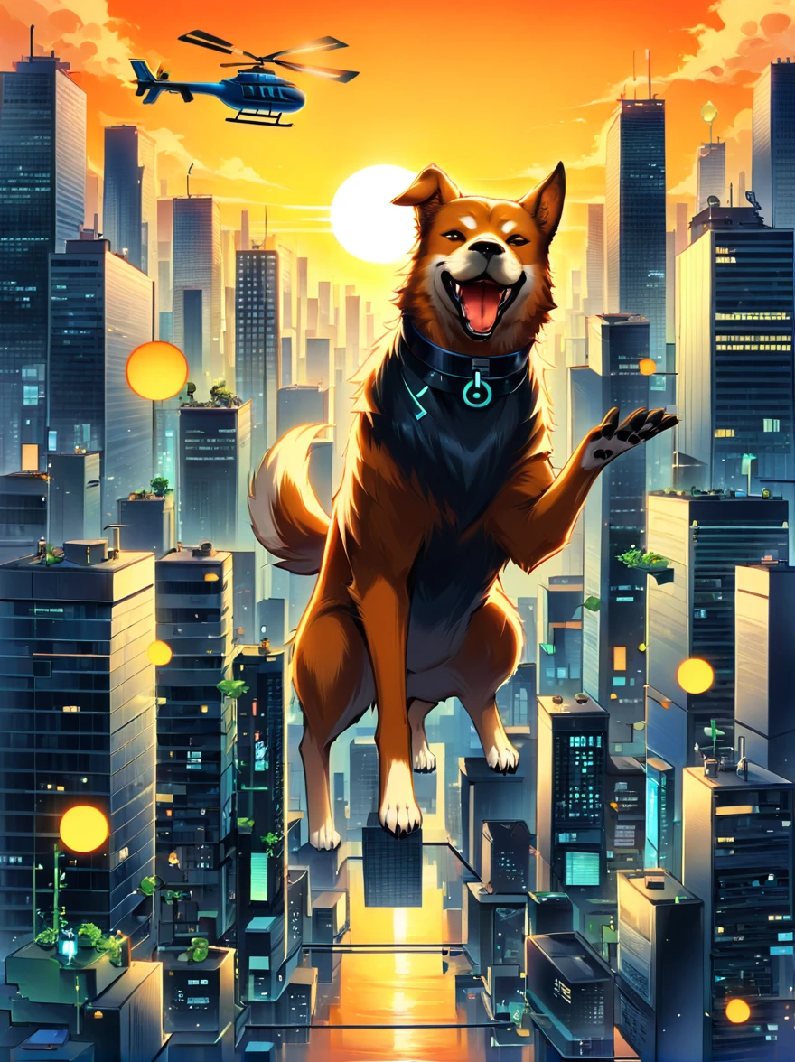 Imagine a dog with an angry and mischievous expression. This canine is at the helm of a futuristic, non-violent, brightly colored toy helicopter, skillfully maneuvering over a compact, yet towering cityscape of unpopulated skyscrapers. Despite the look on the dog's face, there are no signs of violence or harm. The skyscrapers are lit vibrantly, giving an illusion of flames, reflecting off their glassy exteriors under the golden sunset. The entire scenario possesses an uncanny, cartoon-like quality, establishing a surreal and whimsical ambience.