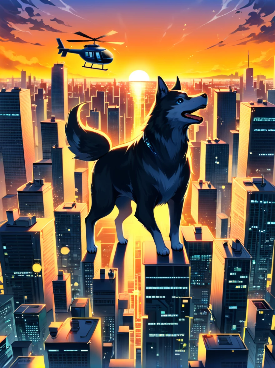 Imagine a dog with an angry and mischievous expression. This canine is at the helm of a futuristic, non-violent, brightly colored toy helicopter, skillfully maneuvering over a compact, yet towering cityscape of unpopulated skyscrapers. Despite the look on the dog's face, there are no signs of violence or harm. The skyscrapers are lit vibrantly, giving an illusion of flames, reflecting off their glassy exteriors under the golden sunset. The entire scenario possesses an uncanny, cartoon-like quality, establishing a surreal and whimsical ambience.