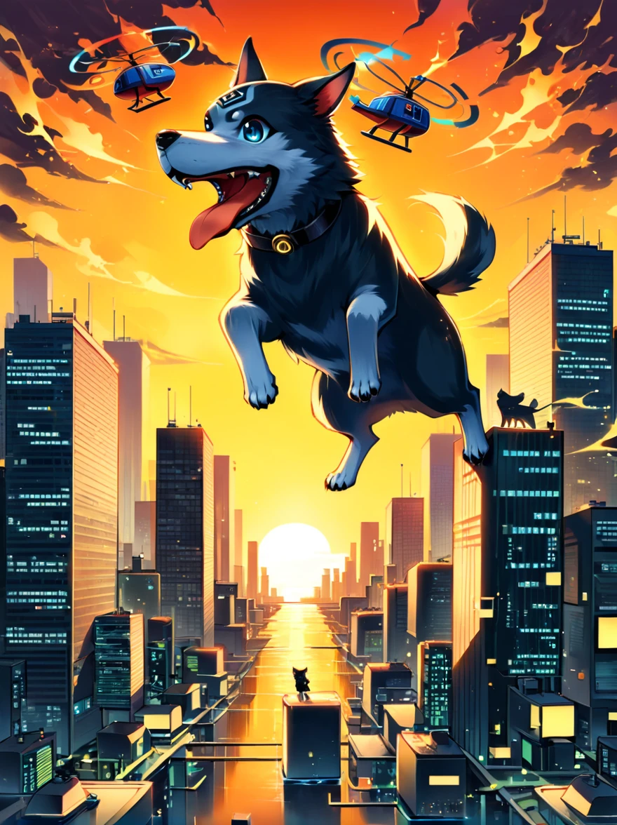 Imagine a dog with an angry and mischievous expression. This canine is at the helm of a futuristic, non-violent, brightly colored toy helicopter, skillfully maneuvering over a compact, yet towering cityscape of unpopulated skyscrapers. Despite the look on the dog's face, there are no signs of violence or harm. The skyscrapers are lit vibrantly, giving an illusion of flames, reflecting off their glassy exteriors under the golden sunset. The entire scenario possesses an uncanny, cartoon-like quality, establishing a surreal and whimsical ambience.