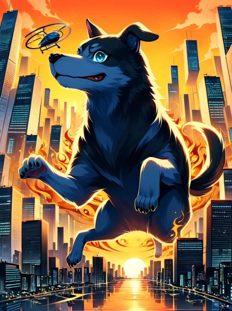 Imagine a dog with an angry and mischievous expression. This canine is at the helm of a futuristic, non-violent, brightly colored toy helicopter, skillfully maneuvering over a compact, yet towering cityscape of unpopulated skyscrapers. Despite the look on the dog's face, there are no signs of violence or harm. The skyscrapers are lit vibrantly, giving an illusion of flames, reflecting off their glassy exteriors under the golden sunset. The entire scenario possesses an uncanny, cartoon-like quality, establishing a surreal and whimsical ambience.