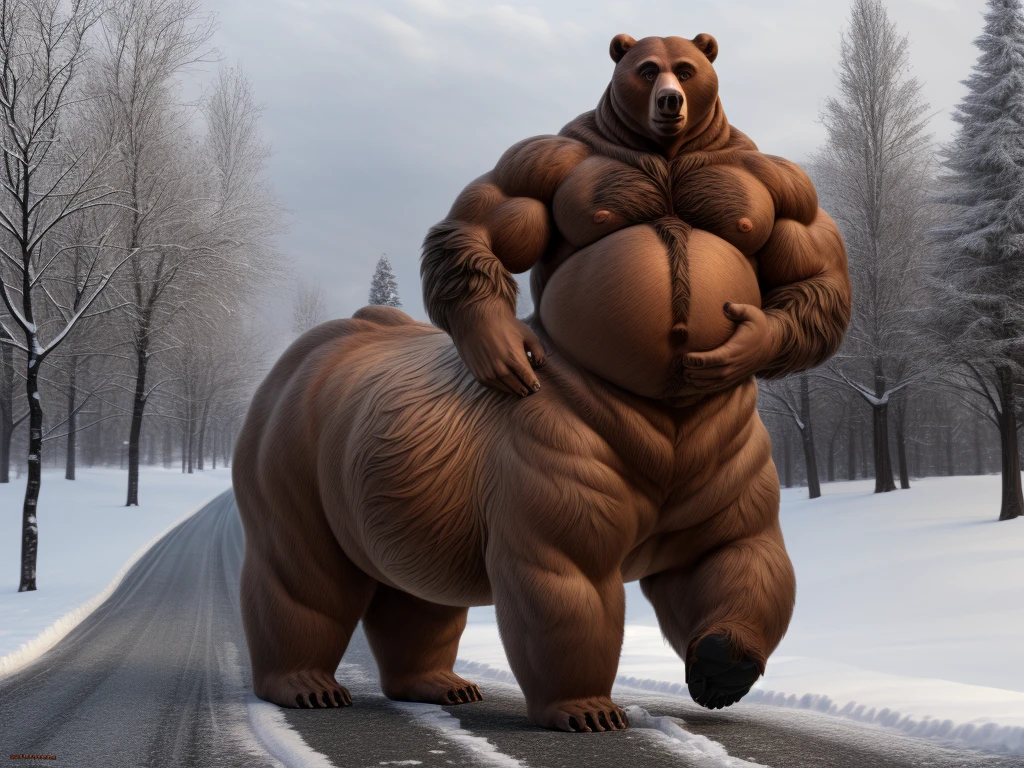 furry, fur taur, beartaur, middle-age, solo,1man, tanktop, detailed face, bear ears, bear eyes(brown), bear nose(black), bear mouth, beard(grey), mature hair(grey), detailed arms, thick arms, muscular, thick hands(5 fingers), detailed body belly, thick body, muscle belly(white), thick chest, chest hair(white), nipples, detailed taur body, thick taur body, thick bear paws, thick bear tail, full body shot, winter, snow, standing on the road