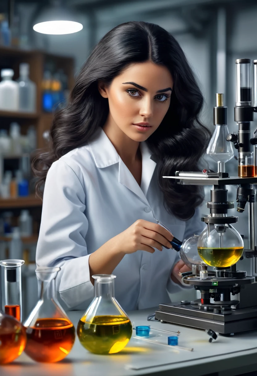 masterpiece, high quality image, 8k, realistic image, In the laboratory, there is a beautiful scientish with medium black hair, doing experiments