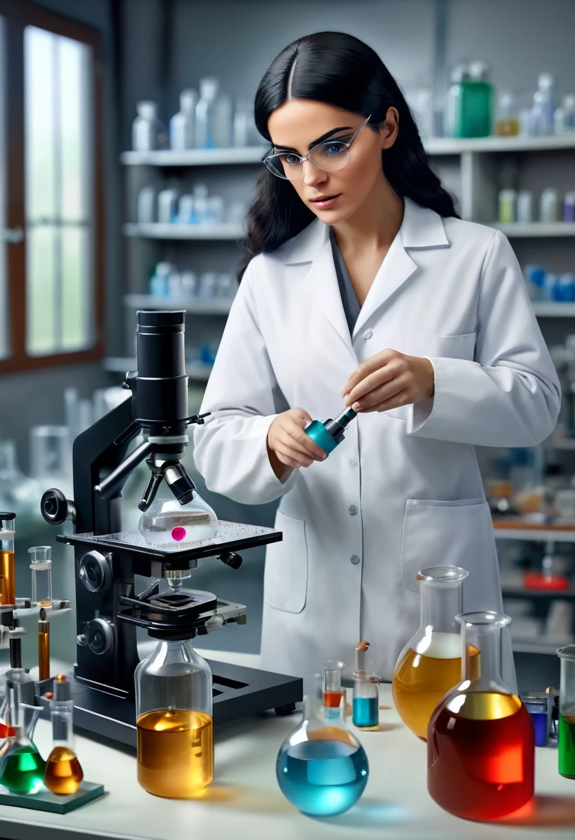 masterpiece, high quality image, 8k, realistic image, In the laboratory, there is a beautiful scientish with medium black hair, doing experiments 