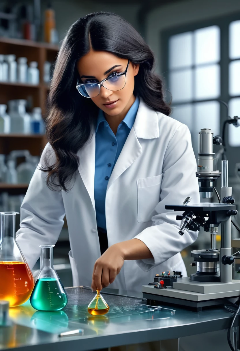 masterpiece, high quality image, 8k, realistic image, In the laboratory, there is a beautiful scientish with medium black hair, doing experiments