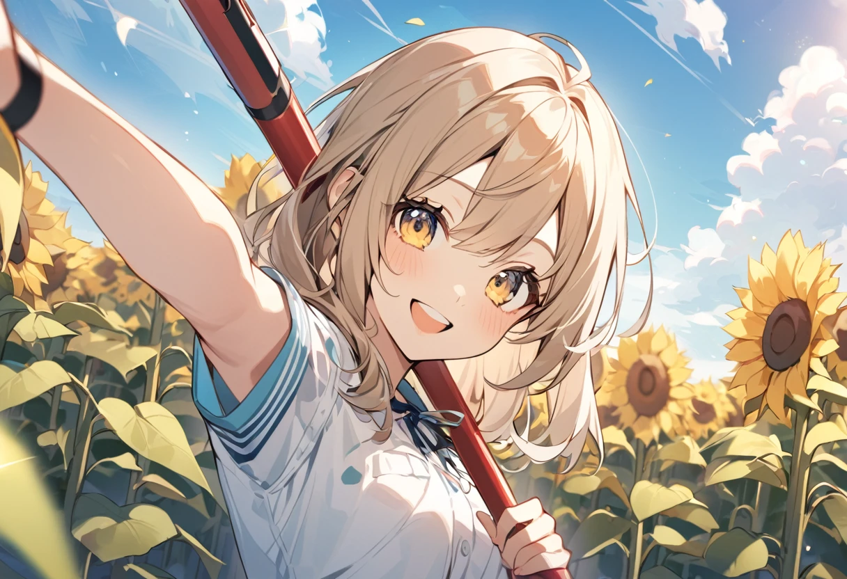 high resolution、Selfie style、Selfie stick、Sunflower field、One girl,Upper Body,smile,I'm laughing so hard my eyes are closing,A big smile,Black Hair,long,Shiny Hair, peace_sign